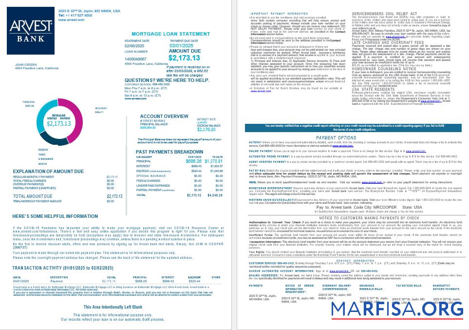 Blank USA Arvest bank mortgage loan statement in Word and PDF formats , 4 pages 1 2 real example